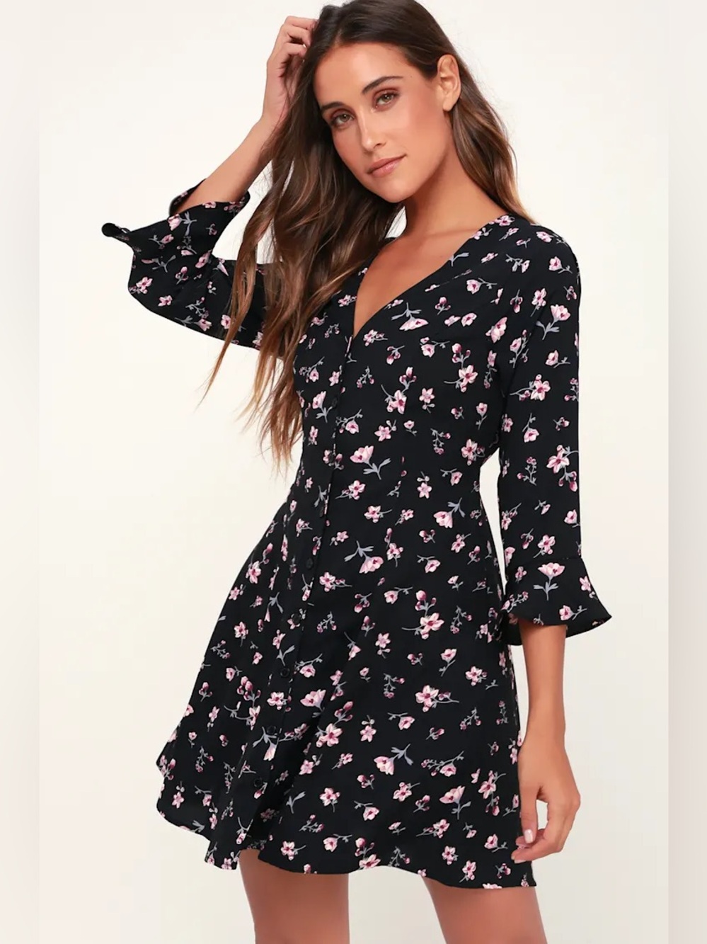 Lulu's Black Floral Mini Dress with Pink and White Blossoms
